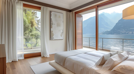 Fototapeta premium Modern minimalist luxury hotel room overlooking the mountains and a lake