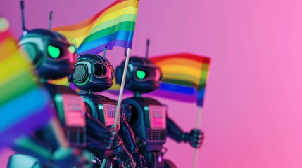 Three robots holding rainbow flags in a colorful, celebratory scene. The vibrant background and the robots' glowing eyes emphasize inclusivity and celebration, combining technology with themes of