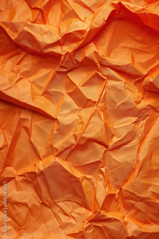 Poster Crumpled orange paper texture background with creased folds. Unique perspective on folded paper surface. Close-up view of textured orange material. Ideal for design and art projects.