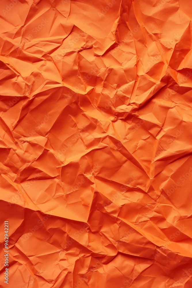 Poster Crumpled orange paper texture with creased folds. Close-up view of rough, textured surface. Blurred orange background contrasts with vibrant paper color. No text or objects visible.