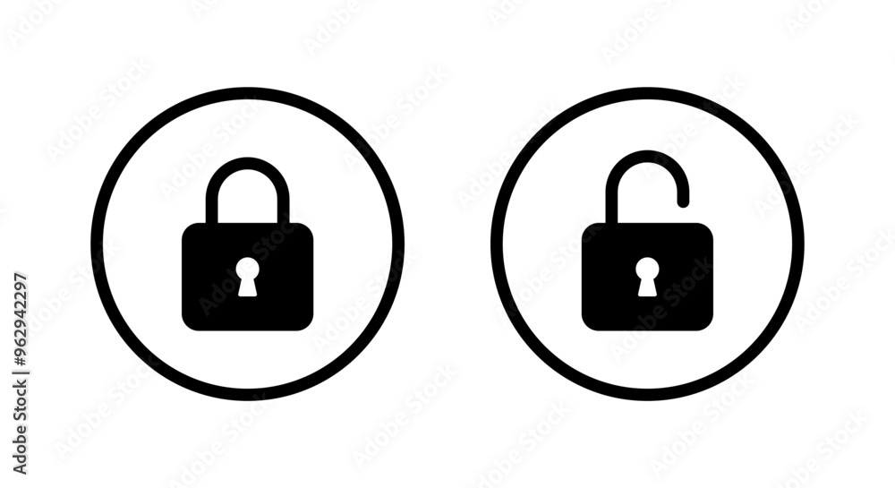 Poster lock and unlock icon on circle line. padlock concept