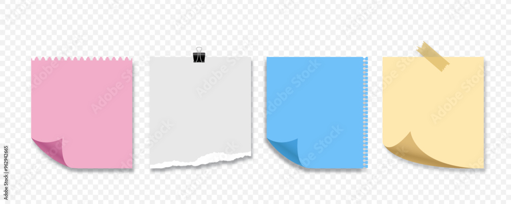 Poster note paper sheet set with shadow effect on transparent background. blank paper set design decoration