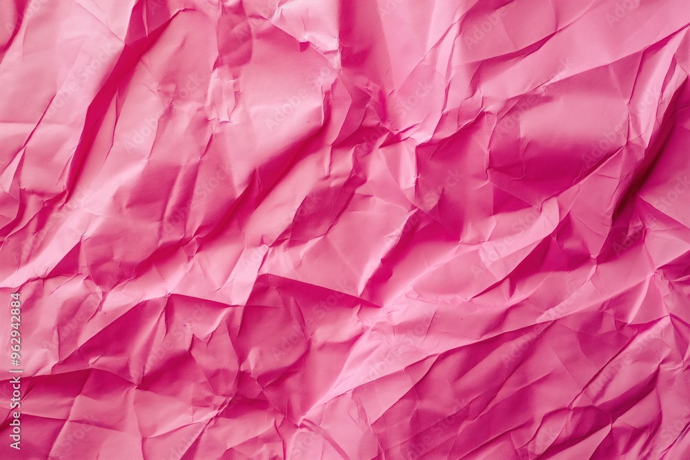 Poster Pink crumpled paper texture background with irregular folds. Close-up view of creased pink surface with solid pink background. Ideal for design, illustration, and creative projects.