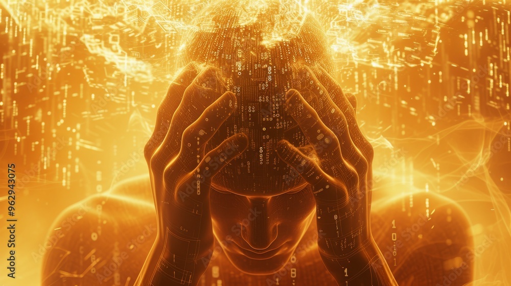 Poster a visually striking image depicting a human head with hands on the temples, surrounded by digital co