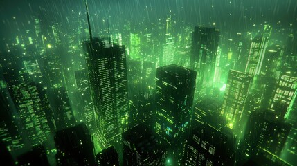 
Futuristic city with towering skyscrapers and high-rise buildings