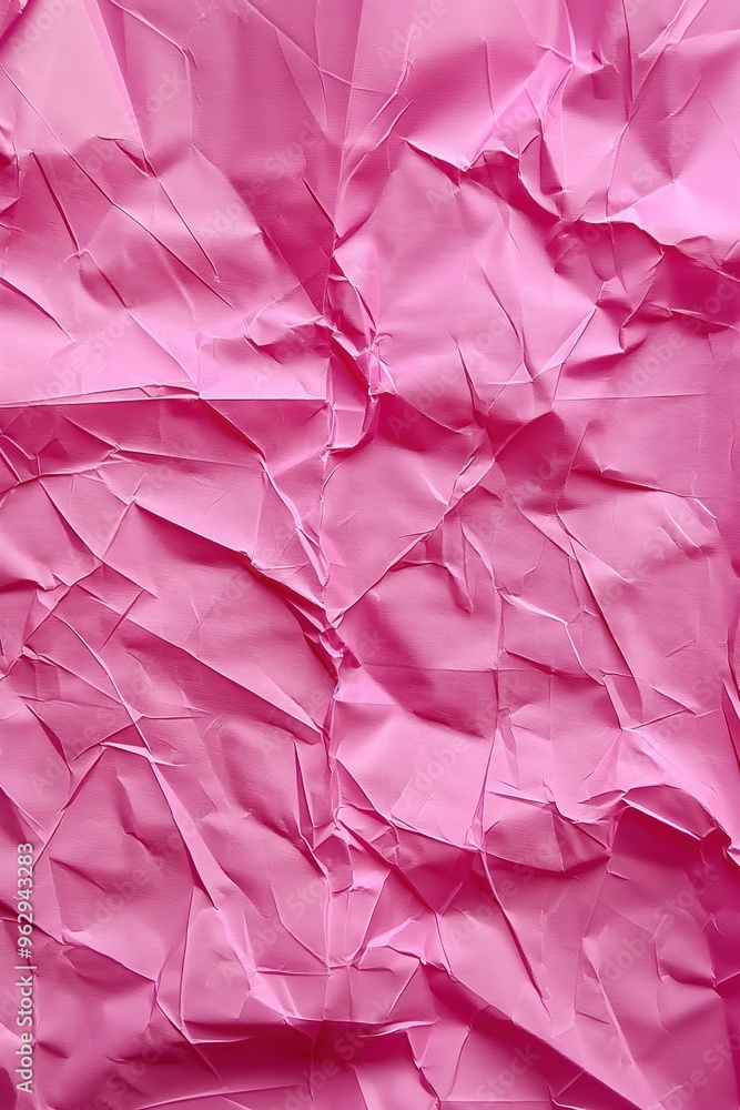 Poster pink crumpled paper texture background with irregular folds. close-up view of pink surface with crea