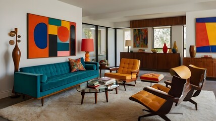 interior design of a midcentury modern living room