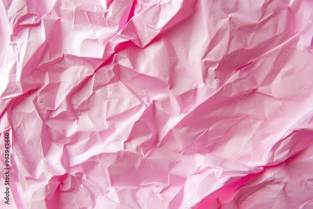 Poster Pink crumpled paper texture background. Close-up view of folded pink paper with white areas creating contrast. Unique perspective on textured surface. Perfect for design, art, and creative projects.