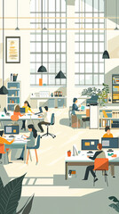 A Glimpse into a Bustling Modern Office:  Workers Focused on Tasks Amidst a Bright and Open Space.