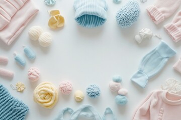 A soft and organized background with baby clothing items, perfect for baby product advertisements