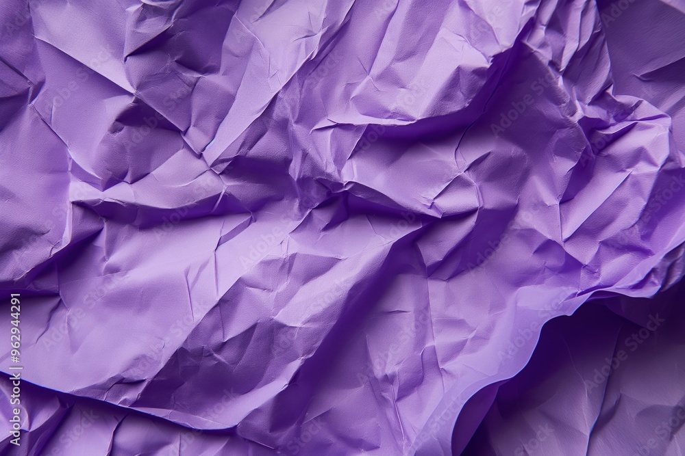 Poster Crumpled purple paper texture with intricate folds. Close-up view of creased and curled edges. Blurred background highlights textured surface. Perfect for design, art, or creative projects.