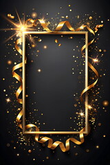 Gold frame with golden ribbon and sparkles confetti , isolated on black background mockup template, copy space. Luxury design template for holiday. Greeting card.
