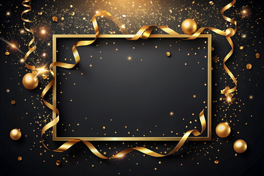 Gold frame with golden ribbon and sparkles confetti , isolated on black background mockup template, copy space. Luxury design template for holiday. Greeting card.