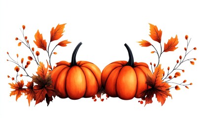 Autumn pumpkin decor clipart, Thanksgiving element, watercolor illustration, crisp lines, pumpkins and leaves, isolated on white background