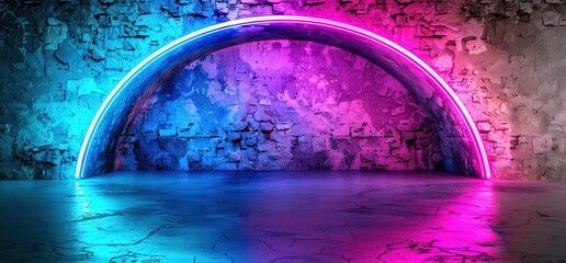 Neon light arch glowing in a dark room, with a grunge brick wall and a reflective floor.