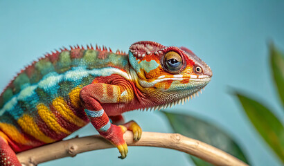 Obraz premium A striking chameleon rests on a branch, its vivid colors blending beautifully with the surrounding foliage 