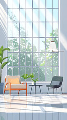 A Relaxing Oasis: Modern Living Room Bathed in Warm Sunlight Streaming Through Expansive Windows.