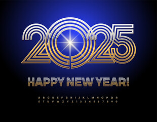 Vector artistic Greeting Card Happy New Year 2025! Stylish Golden Font. Unique Alphabet Letters and Numbers set.