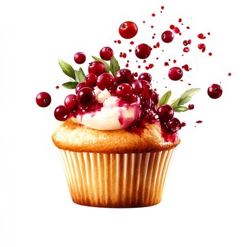 recommend clip art: Cranberry muffins clipart, Thanksgiving dessert element, watercolor illustration, sharp outlines, golden brown with red berries, isolated on white background