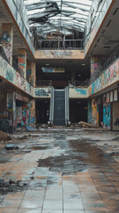 Obraz premium Echoes of Commerce: A Silent Escalator in a Decaying Mall