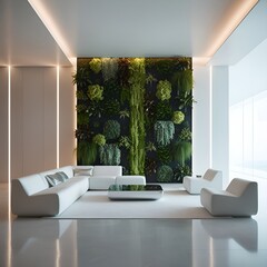 modern living room interior with a vertical garden wall and white sofa, minimalist, futuristic