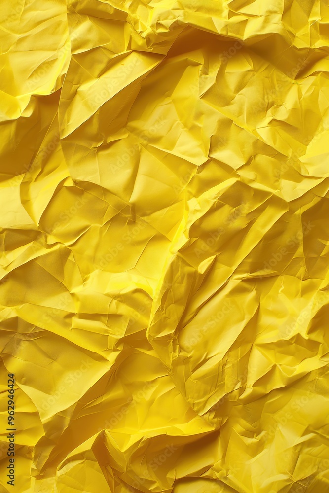 Poster Crumpled yellow paper texture background with folded creases. Close-up view of rough surface. Blurred yellow color in the background. Ideal for graphic design, digital art, and creative projects.