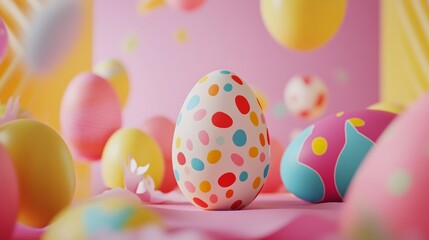 Colorful Easter Egg with Polka Dot Pattern on Pink Background Surrounded by Other Easter Eggs