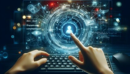 Futuristic command prompt on a digital interface with a holographic computer screen, depicting advanced technology and cybernetic innovation