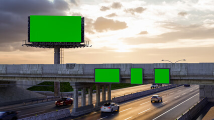 Mock up concept. Green screen billboard on the the highway against the background. 3d illustration