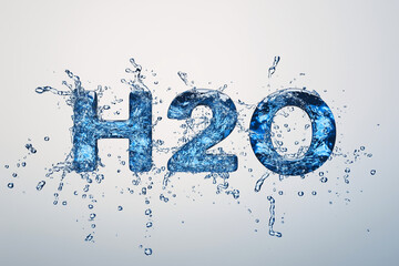 Depict the text "H2O" vividly with a water splash, representing water's molecular structure for chemistry educational content