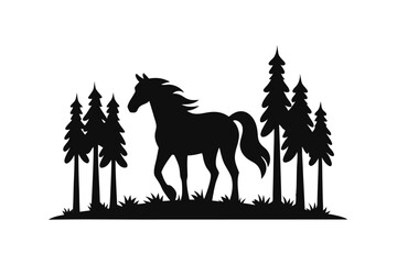 Vector silhouette of horse with forest background. Symbol of farm animal and nature background