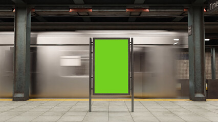 Fototapeta premium Empty billboard with a green screen for advertising on a subway station. 3D illustrator