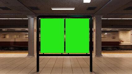Empty billboard with a green screen for advertising on a subway station. 3D illustrator
