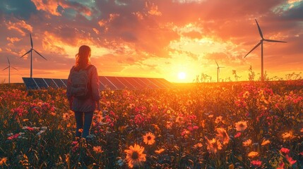 Fototapeta premium Solar panels and wind turbines in a grassy field during a colorful sunset Generative AI