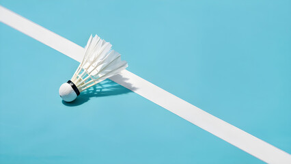 white badminton shuttlecock lies on blue court near white line, professional sport, activity, gym, competition, game,  playing field boundary