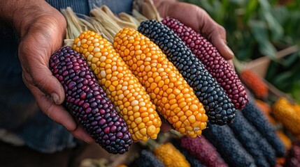A farmer displays colorful corn cobs with various hues, emphasizing his hard work in agriculture