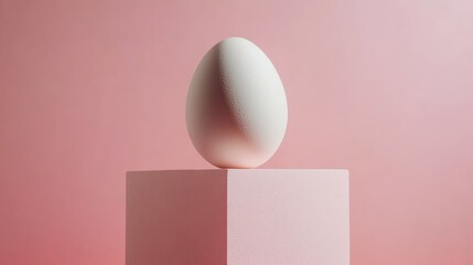 Single White Egg Resting on Pink Platform Against Pink Background - Minimalist Product Photography