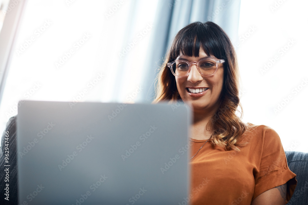 Aufkleber glasses, creative and woman with laptop, reading and typing on app, smile and content creator in lou