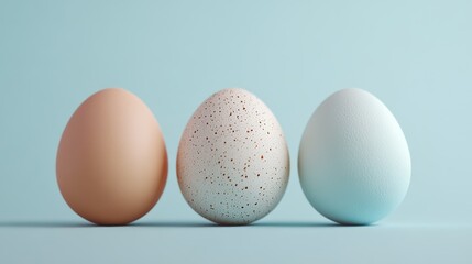 Three Eggs in a Row, Brown, Speckled, and White, on a Light Blue Background, Minimalist Design, Clean and Simple Composition