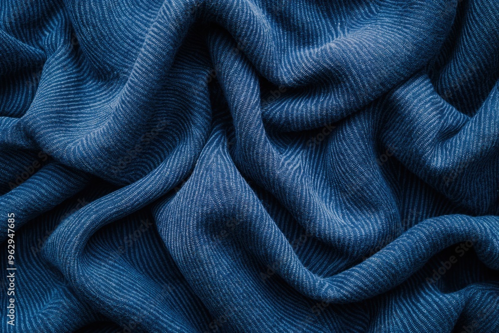 Poster Blue fabric texture pattern close-up. Crumpled blue material with navy and lighter shades. Folded twisted creating movement dynamism. Elevated angle shows intricate details.