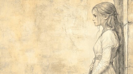 Fototapeta premium Dawn's Hope: The Bride Waits at the City Gate, Tired Yet Hopeful, Preparing to Resume Her Search for Her Beloved in Song of Solomon