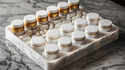 A white marble tray with gold accents holds a collection of small, round containers with white lids. The tray is filled with a variety of pills and capsules.