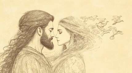 Obraz premium Admired Beauty: The Bridegroom Praises His Bride's Eyes as Doves and Hair Flowing Like Goats in Song of Solomon