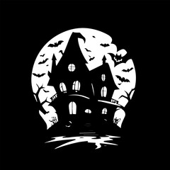 old castle spooky atmosphere on full moon halloween night. Halloween pumpkin decoration.