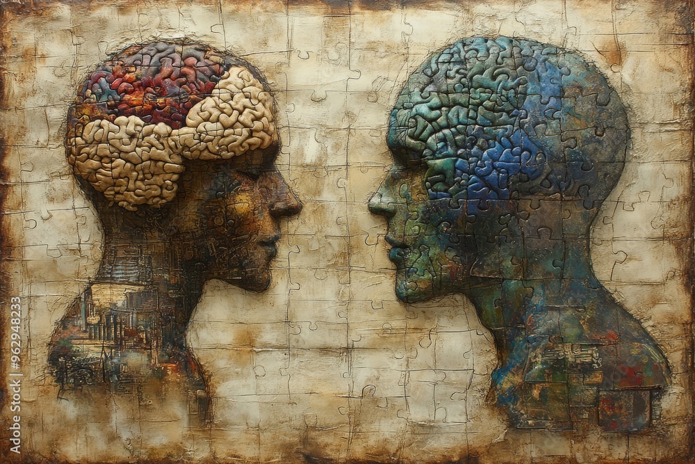 Poster brain function study cerebellum vintage style portraits of two profiles with textured brain patterns