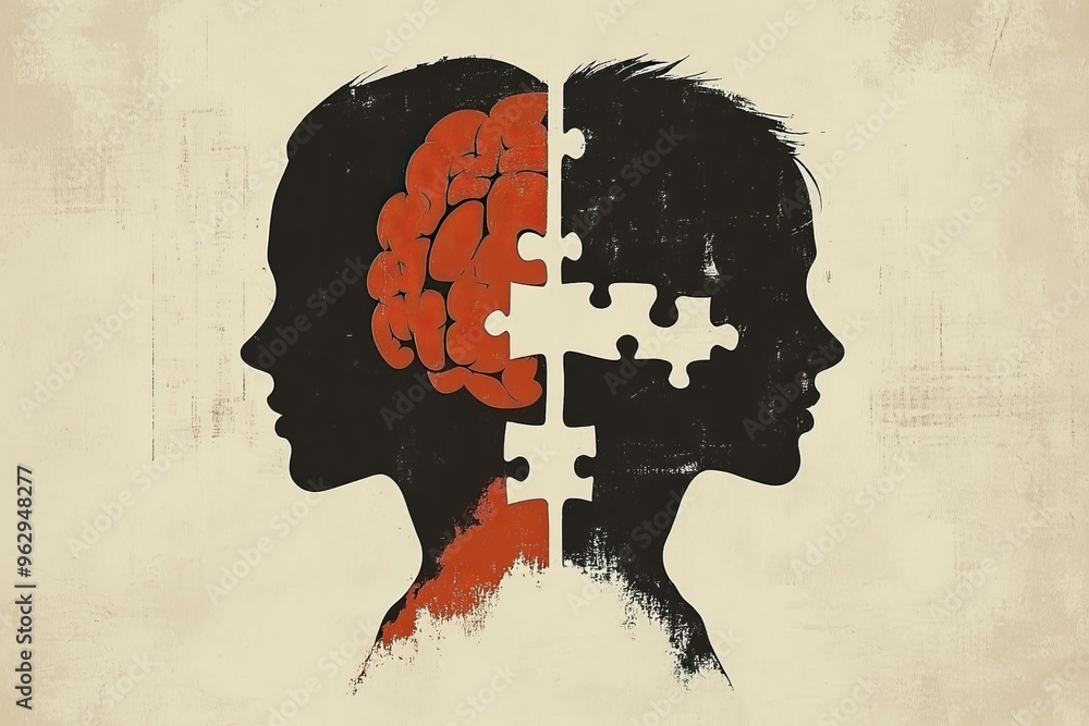 Poster neurodevelopment cerebellum silhouette couple with puzzle brain elements symbolizing the emotional a