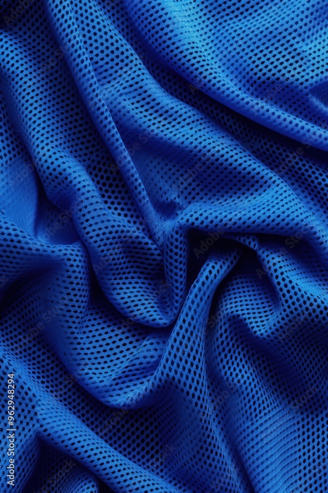 Poster close-up of blue fabric with grid-like pattern, crumpled texture, blurred background. unique materia