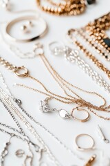 A minimalist jewelry display with delicate necklaces and rings on a white background