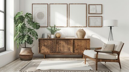 Scandinavian living room with wooden commode, poster frames, book, vessel, decorations, carpet, and retro decor template.