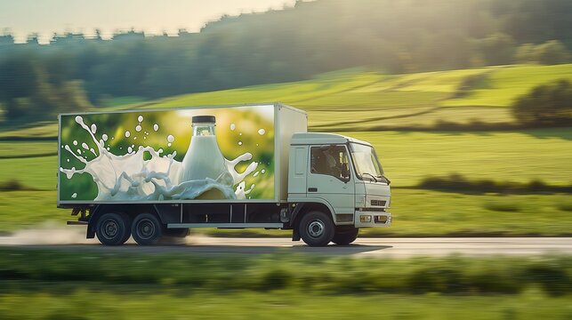 Milk delivery truck speeding on rural road with fresh milk splash advertisement on truck side symbolizing efficient logistics and milkrun in natural countryside setting under warm sunlight
